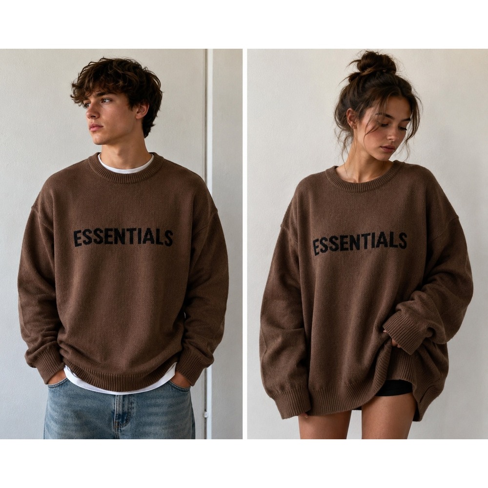 Fear of God Essentials Knit Logo Sweater Brown Mens Oversized Crewneck LS Large